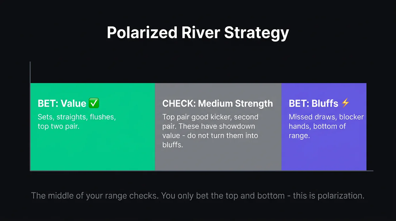 Visualization of a polarized river range divided into value bets, bluffs, and checks