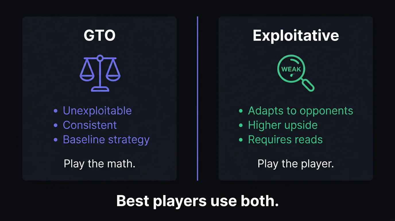 Comparison diagram showing GTO balanced strategy versus exploitative adjustments