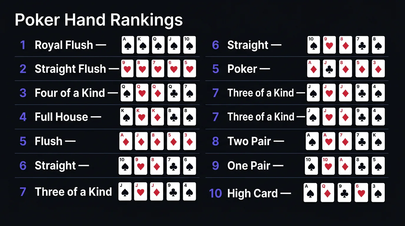 Complete poker hand rankings chart from Royal Flush to High Card