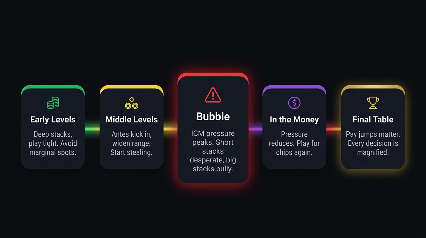 Timeline showing tournament phases from early levels through the final table